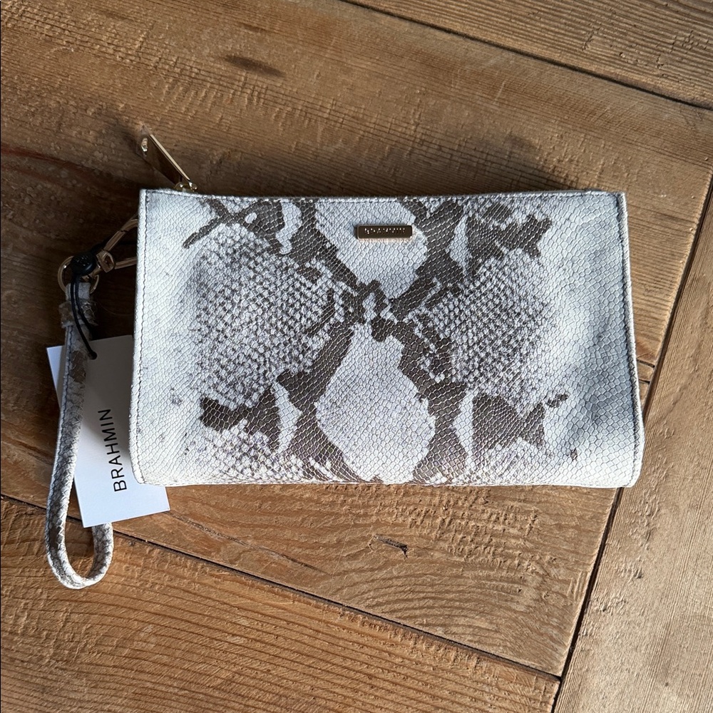 Brahmin Ivory and Taupe Snake-Print Wristlet